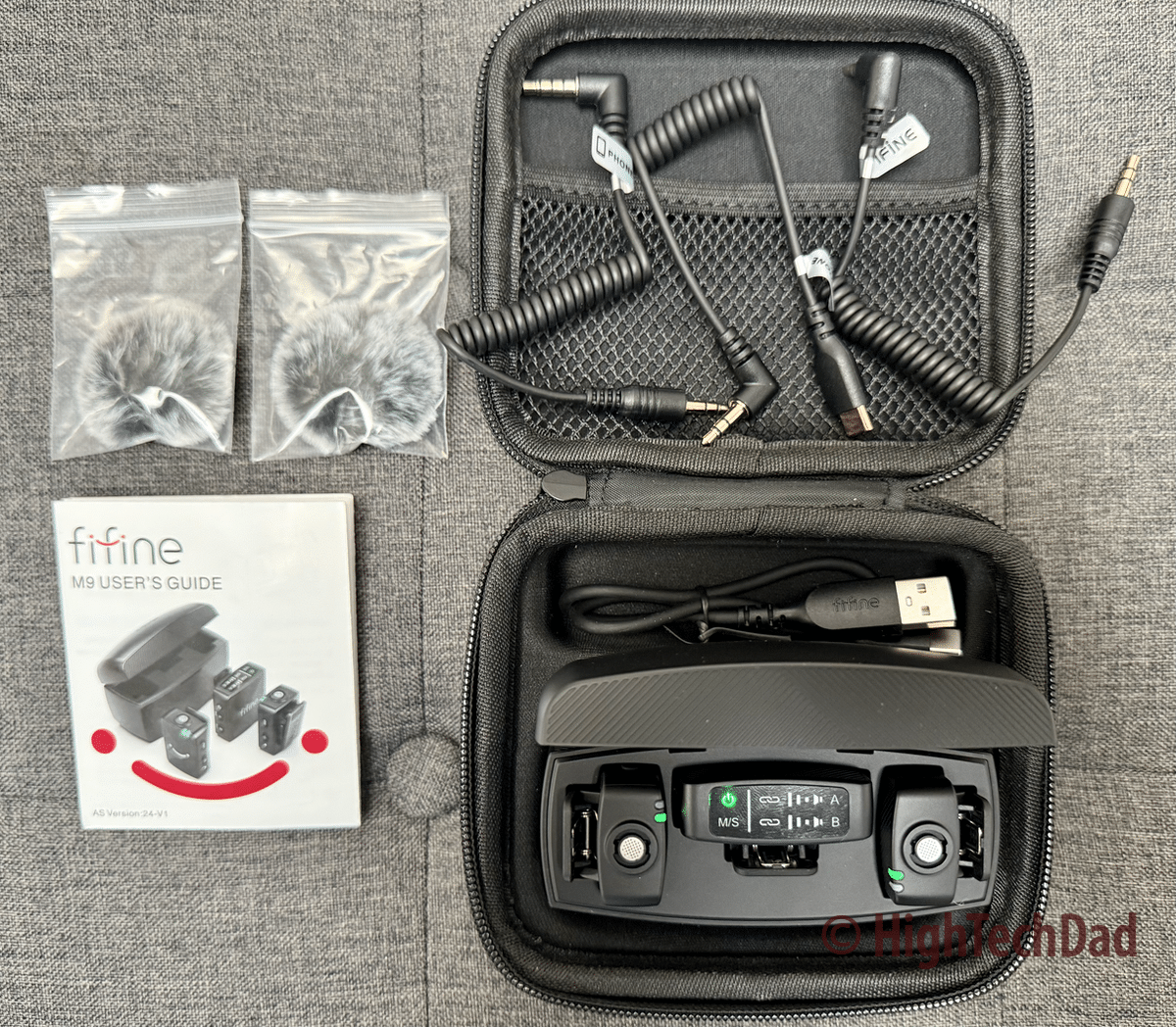 What's in the box - FiFine M9 Dual Lavalier Microphones - HighTechDad Review